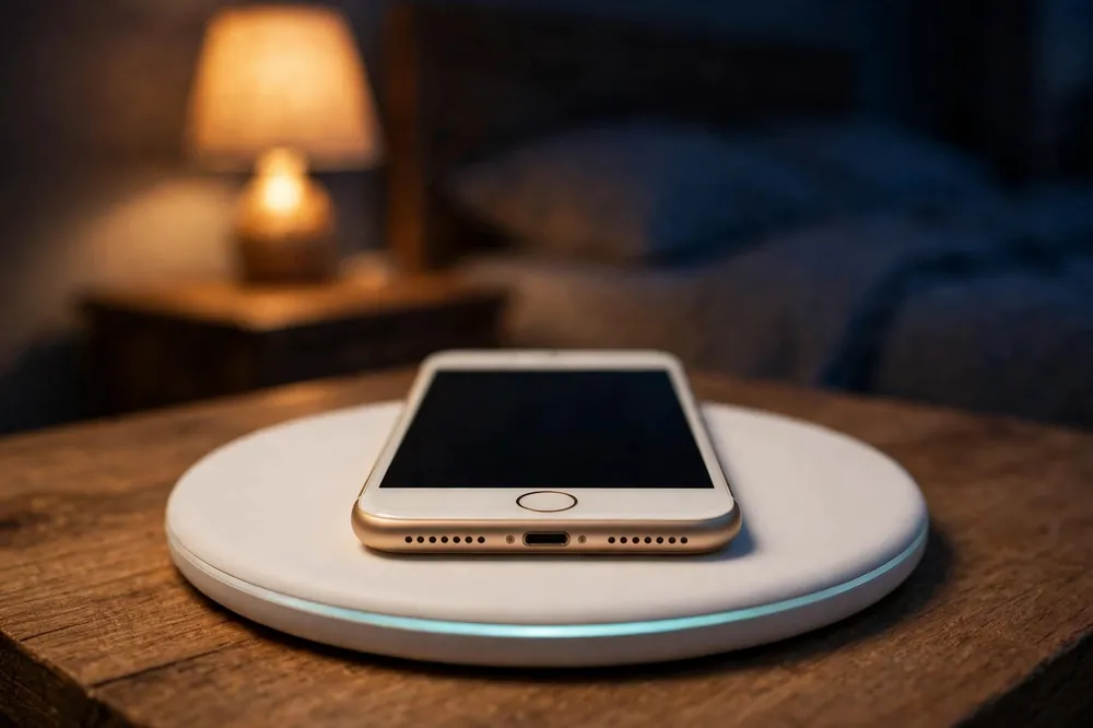 iPhone 8 charging wirelessly on a pad beside a bed