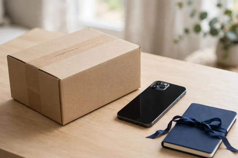Parcel with an iPhone on a table at home after a free government iPhone application is approved