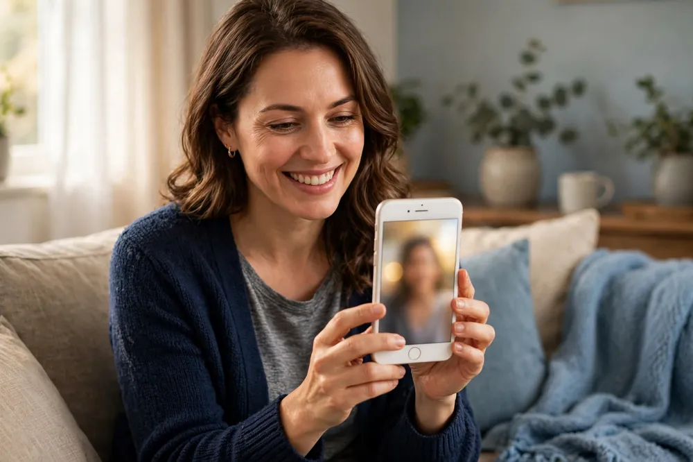 Woman on a smooth video call using her free iPhone SE from The iPhone