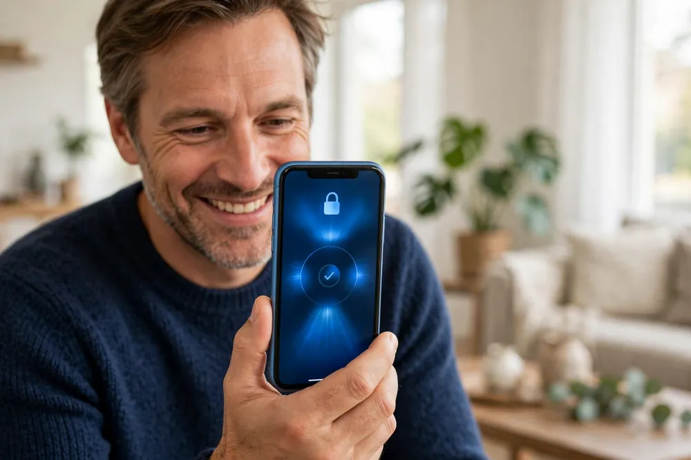 Man unlocking his discounted iPhone XR with Face ID