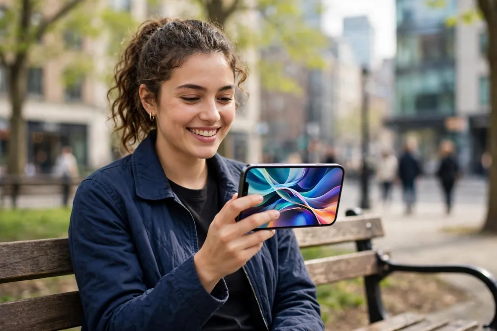Woman streaming video smoothly over 5G on her iPhone 13 outdoors