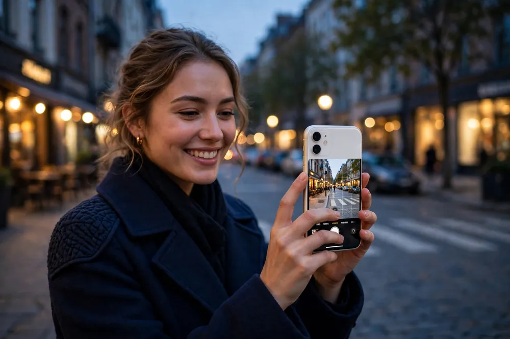 Woman taking a bright evening photo with Night mode on her iPhone 11